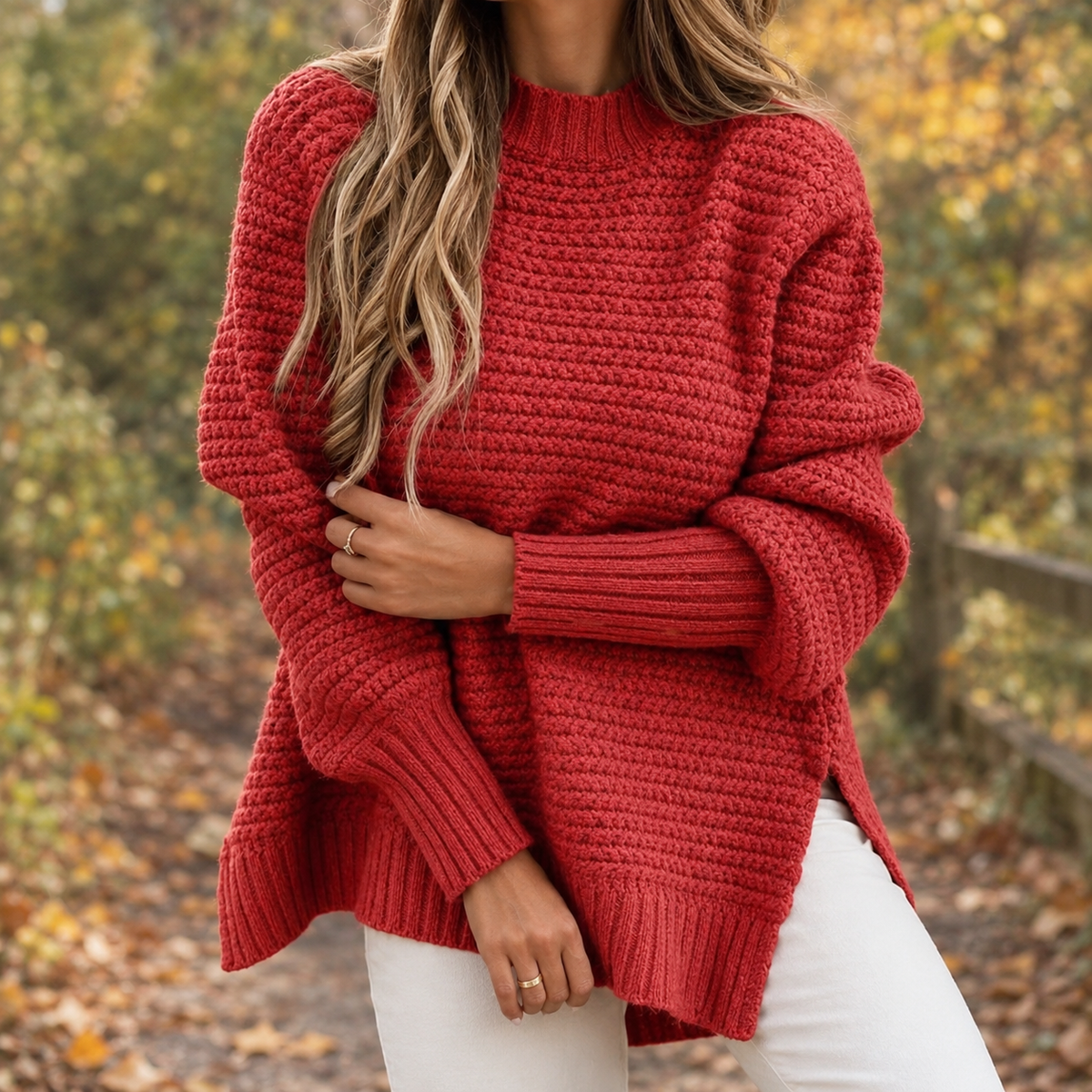 Chunky Knit Pullover Women's Relaxed Fit with Side Slits | S&W - 1 - Stylewhipped