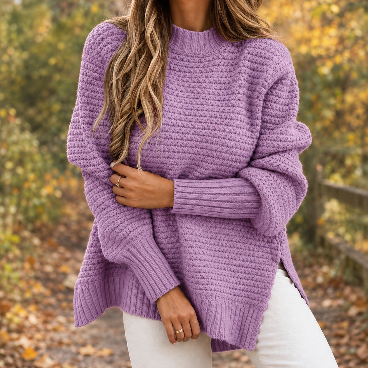 Chunky Knit Pullover Women's Relaxed Fit with Side Slits | S&W - 5 - Stylewhipped