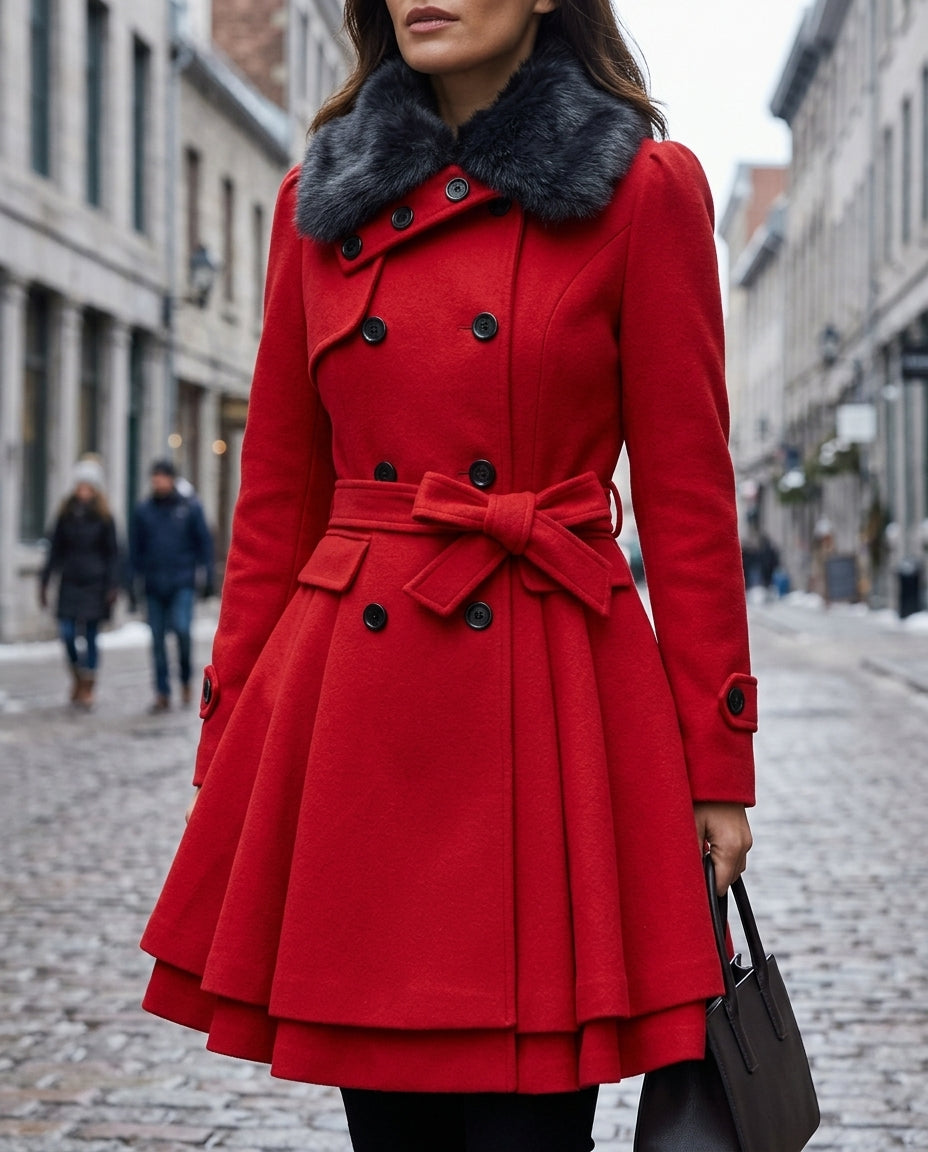Belted Women's Coat with Flared Skirt and Faux Fur Collar | S&W - 1 - Stylewhipped