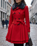Belted Women's Coat with Flared Skirt and Faux Fur Collar | S&W - 1 - Stylewhipped
