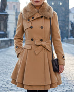 Belted Women's Coat with Flared Skirt and Faux Fur Collar | S&W - 2 - Stylewhipped
