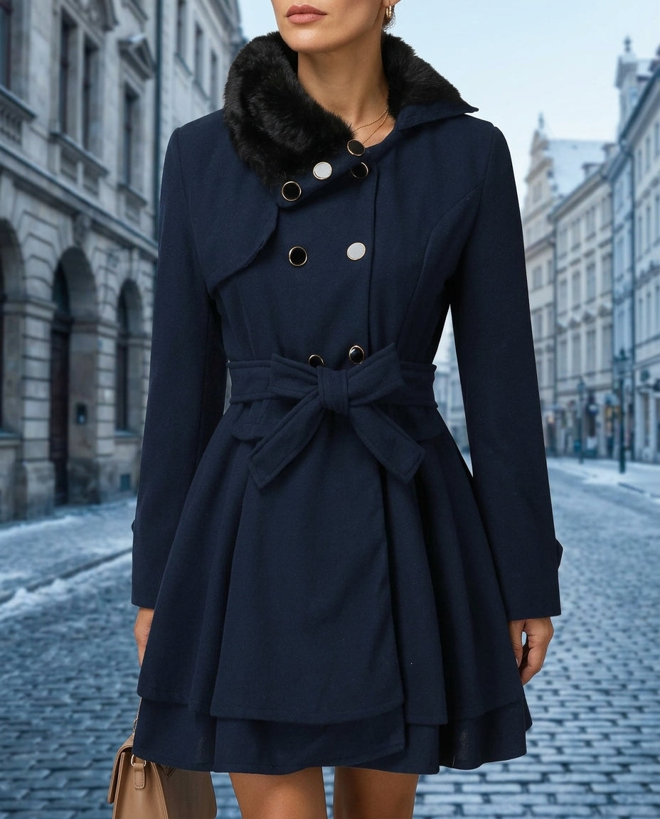 Belted Women's Coat with Flared Skirt and Faux Fur Collar | S&W - 3 - Stylewhipped