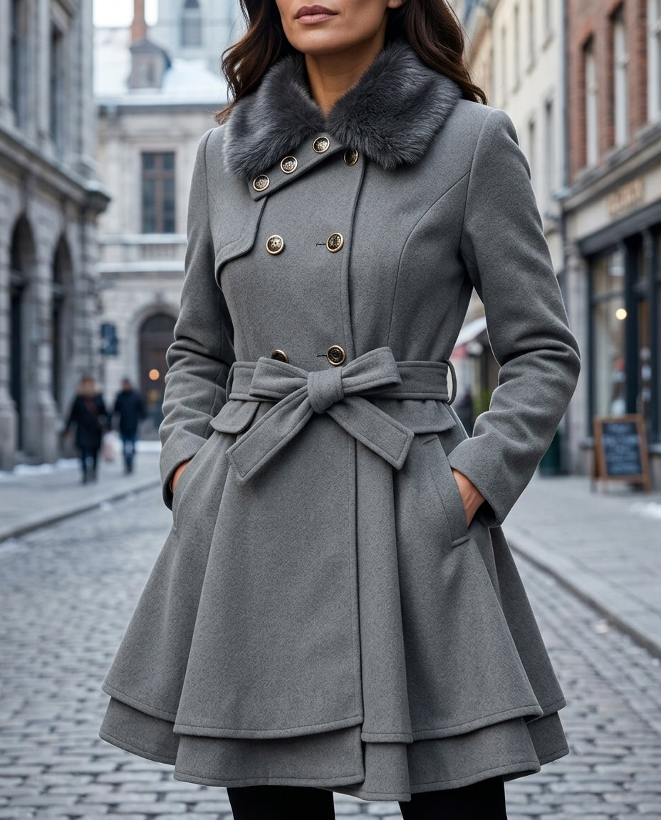 Belted Women's Coat with Flared Skirt and Faux Fur Collar | S&W - 4 - Stylewhipped