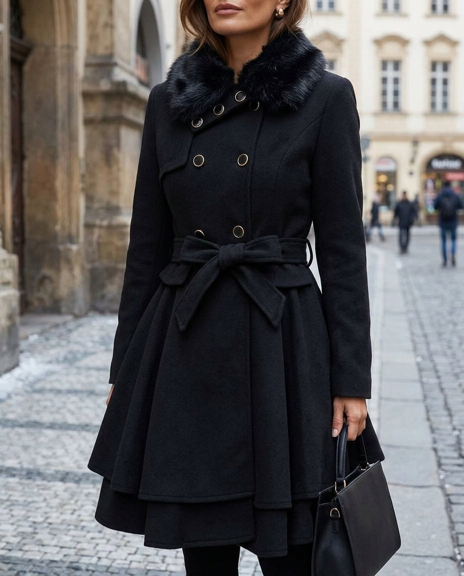 Belted Women's Coat with Flared Skirt and Faux Fur Collar | S&W - 5 - Stylewhipped