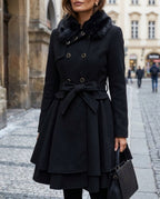 Belted Women's Coat with Flared Skirt and Faux Fur Collar | S&W - 5 - Stylewhipped