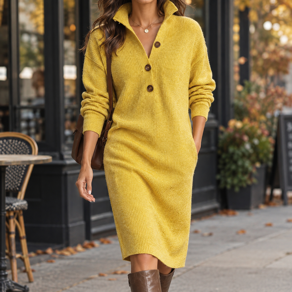 Knee-Length Women's Sweater Dress with Collared Neckline and Button Detail - 1 - Stylewhipped