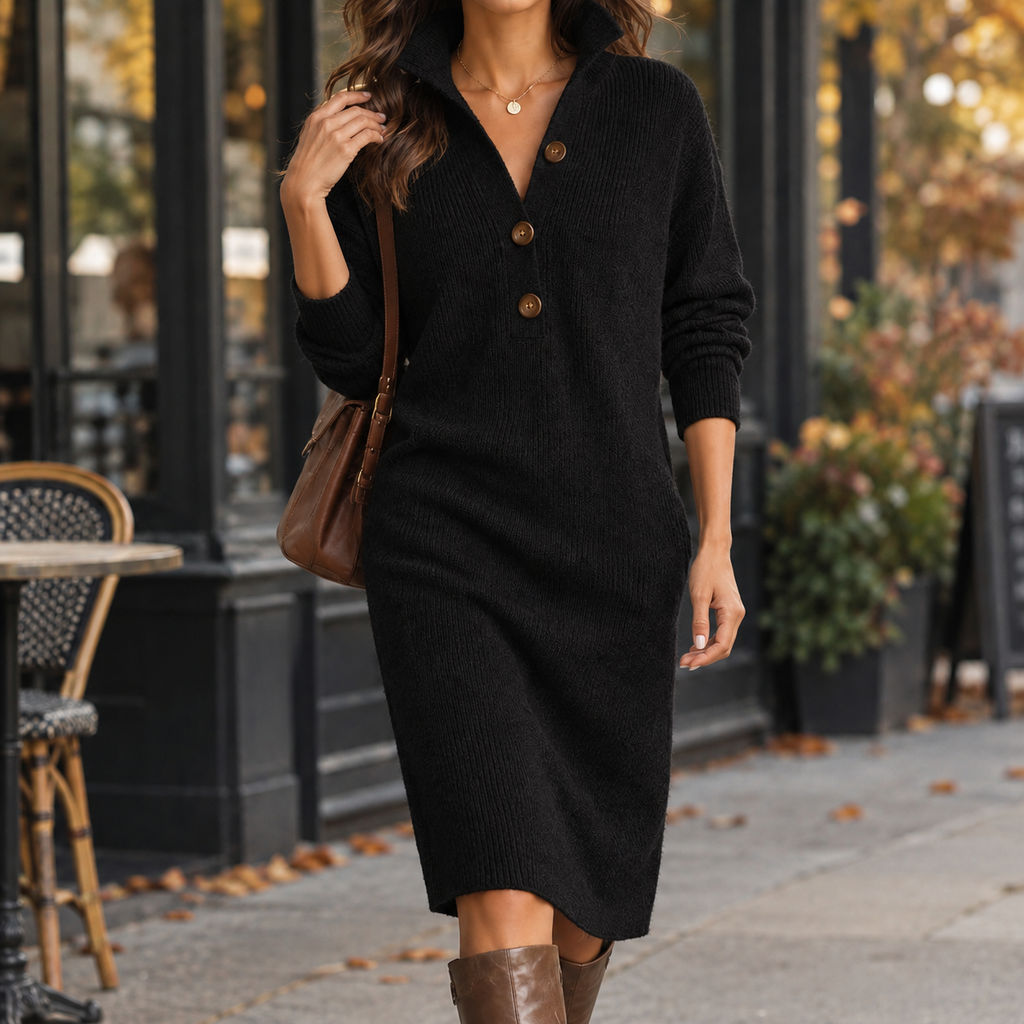 Knee-Length Women's Sweater Dress with Collared Neckline and Button Detail - 4 - Stylewhipped