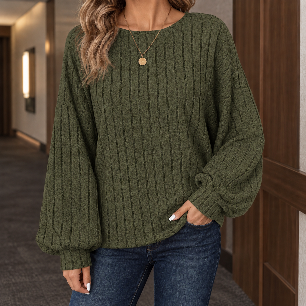Casual Women's Sweater with Puff Sleeves and Round Neck - 3 - Stylewhipped