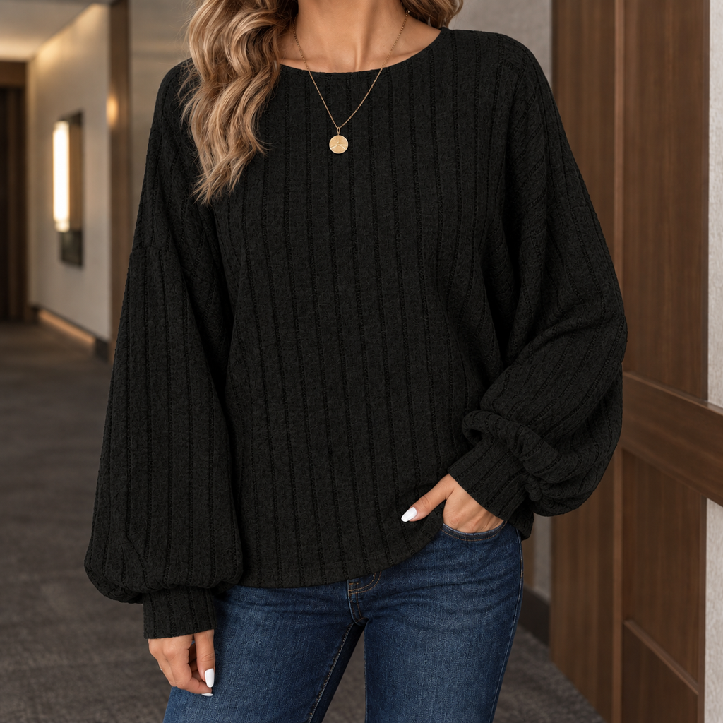 Casual Women's Sweater with Puff Sleeves and Round Neck - 4 - Stylewhipped