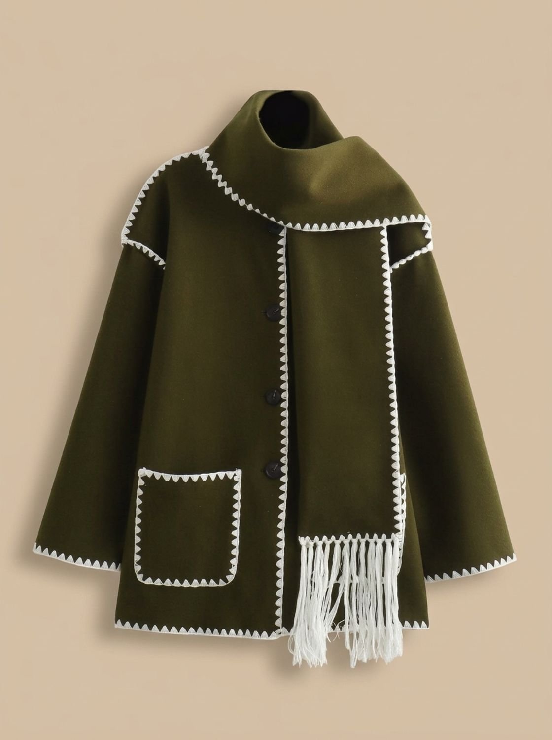 Cape Jacket for Women with Button Closure and Fringed Scarf Detail - 1 - Stylewhipped