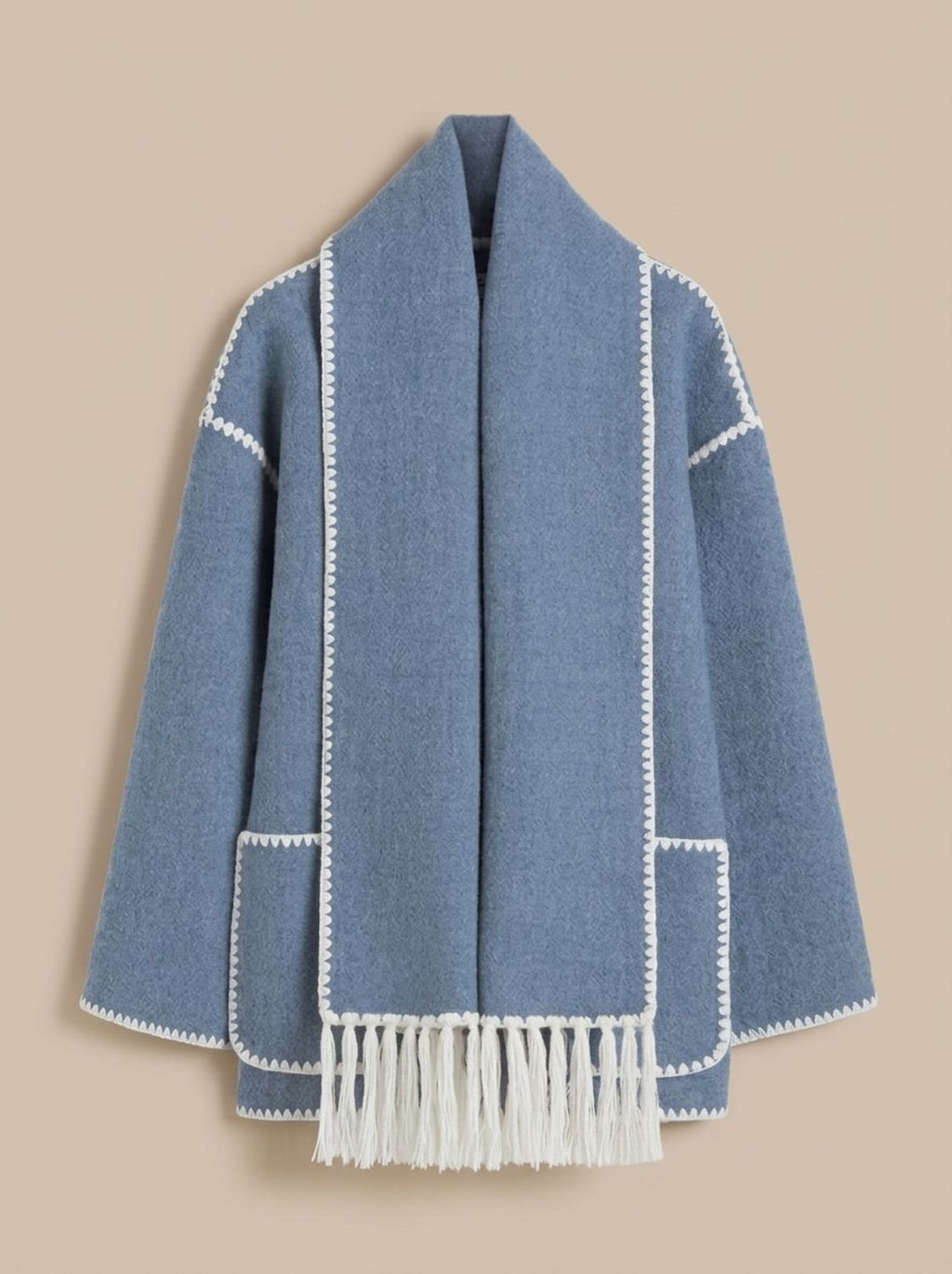 Cape Jacket for Women with Button Closure and Fringed Scarf Detail - 2 - Stylewhipped