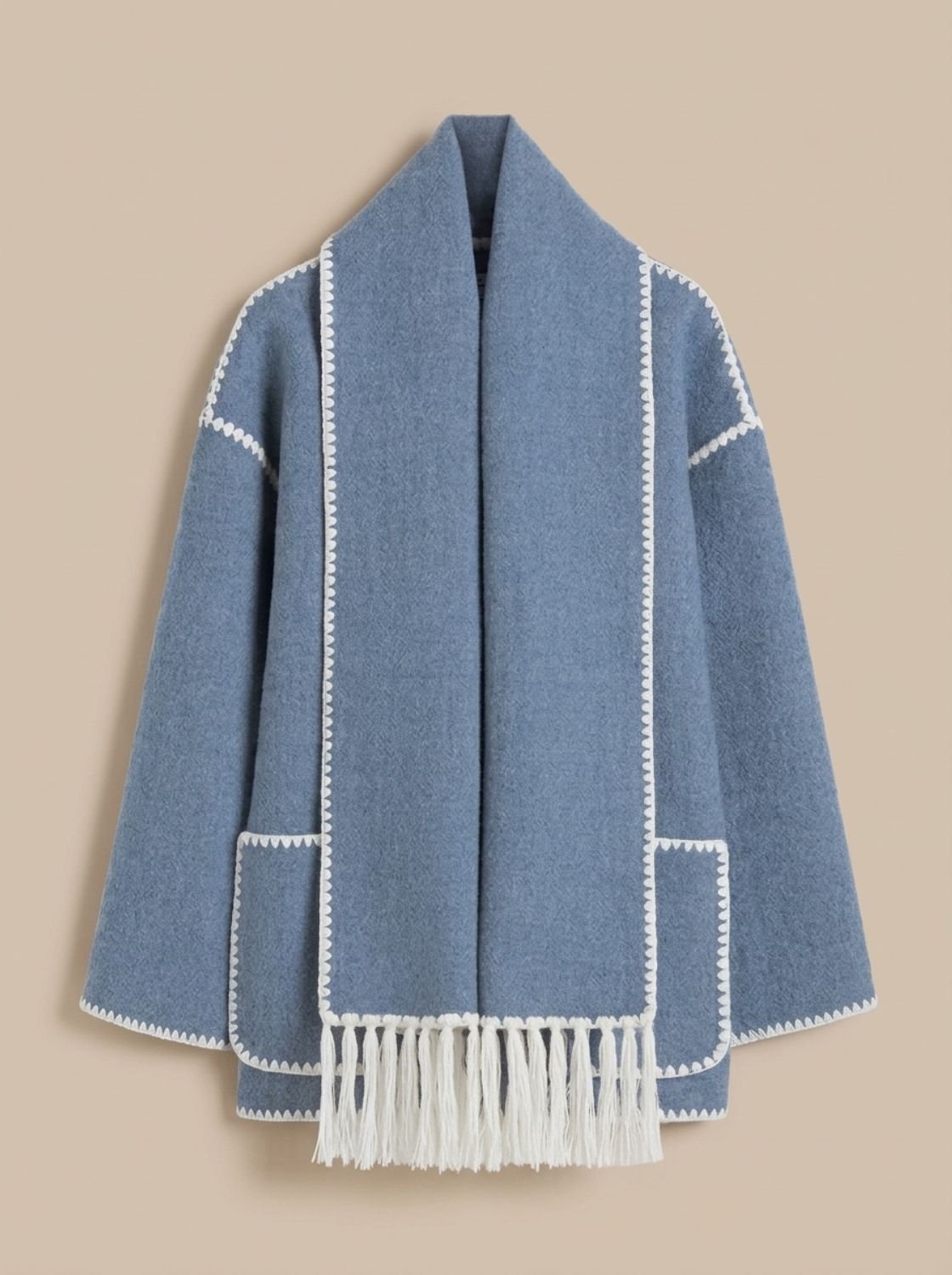 Cape Jacket for Women with Button Closure and Fringed Scarf Detail - 2 - Stylewhipped