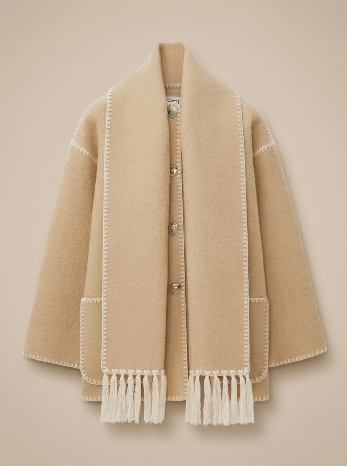 Cape Jacket for Women with Button Closure and Fringed Scarf Detail - 3 - Stylewhipped