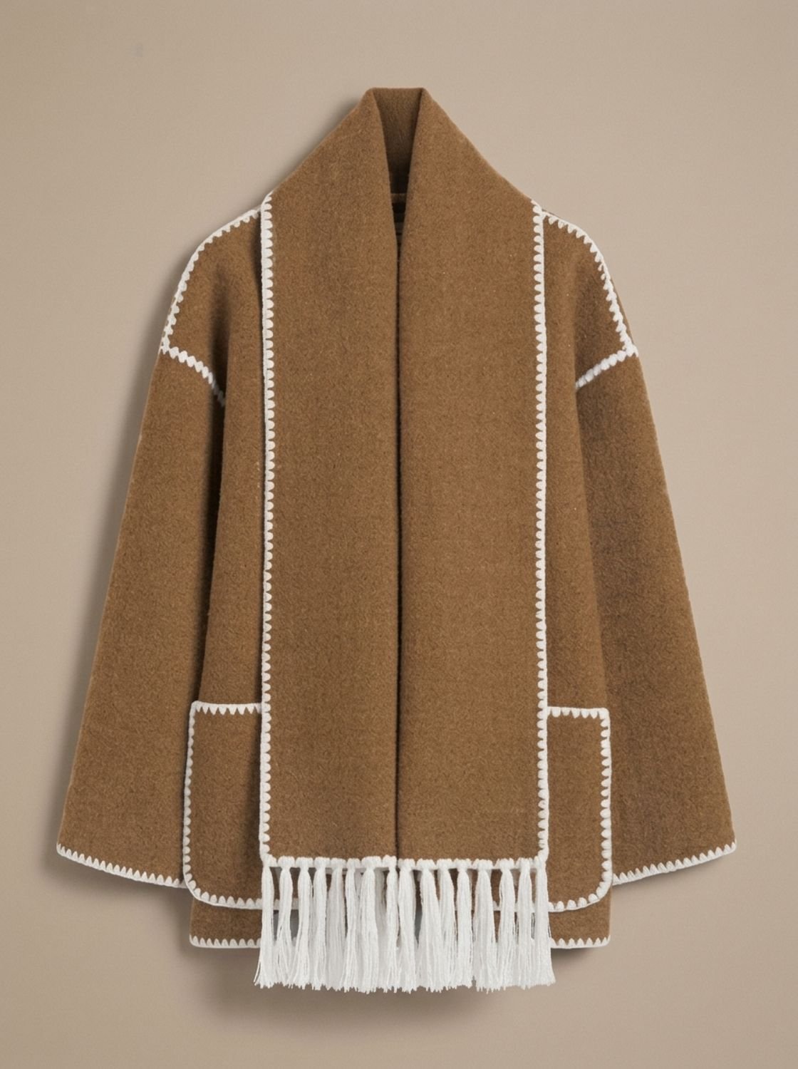 Cape Jacket for Women with Button Closure and Fringed Scarf Detail - 4 - Stylewhipped