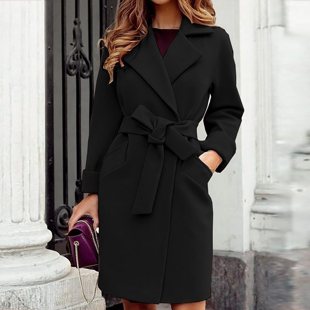 Women's Coat with Tie Waist and Classic Cut - 2 - Stylewhipped