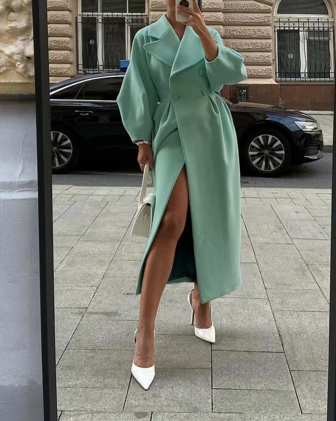 Long Women's Trench Coat with Statement Sleeves and Elegant Cut - 2 - Stylewhipped