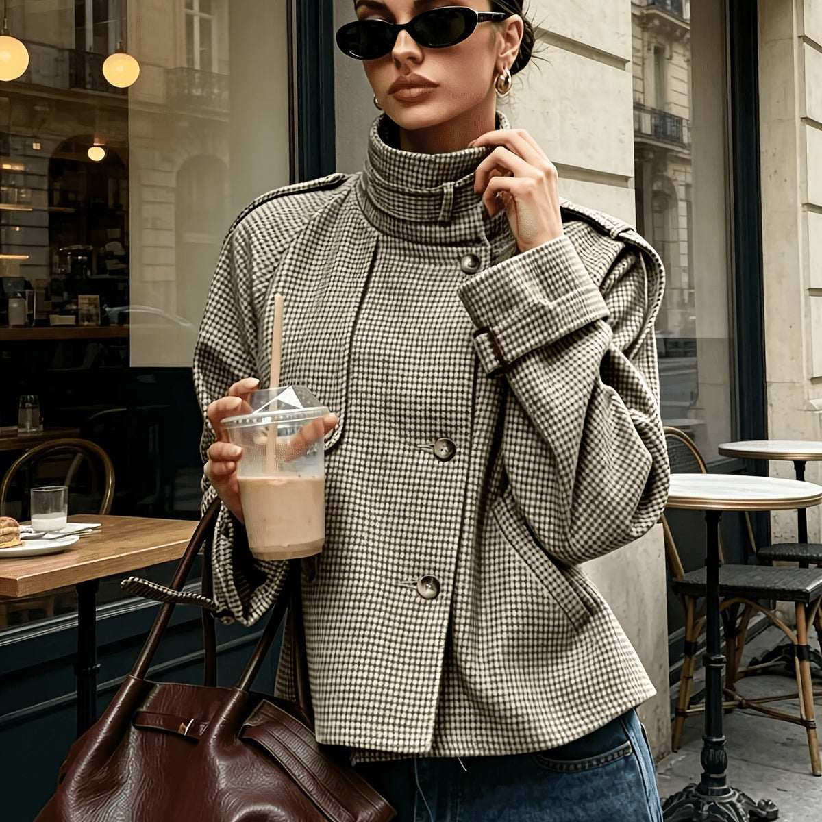 Checked Women's Jacket with High Collar and Relaxed Fit - 1 - Stylewhipped