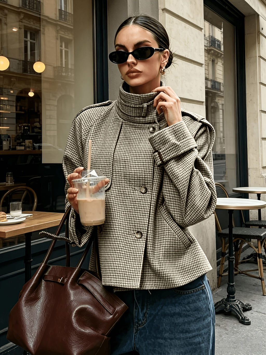 Checked Women's Jacket with High Collar and Relaxed Fit - 2 - Stylewhipped