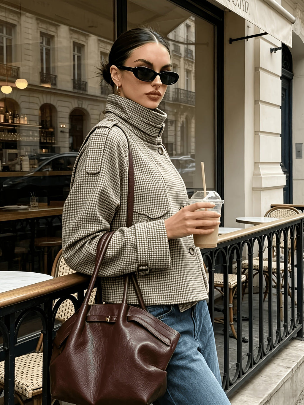 Checked Women's Jacket with High Collar and Relaxed Fit - 3 - Stylewhipped