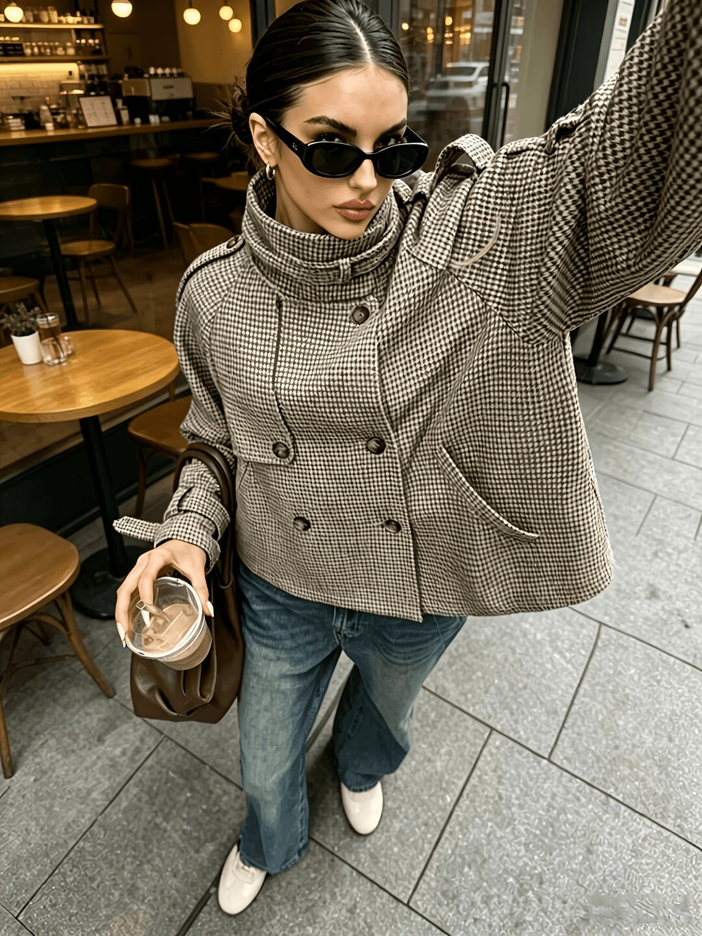 Checked Women's Jacket with High Collar and Relaxed Fit - 4 - Stylewhipped