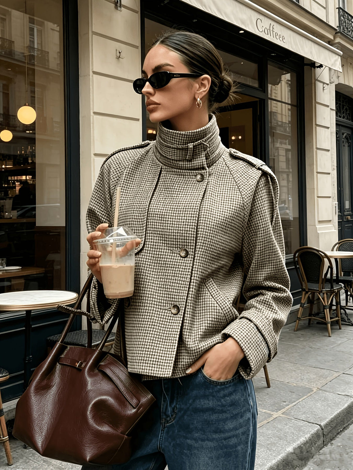 Checked Women's Jacket with High Collar and Relaxed Fit - 5 - Stylewhipped