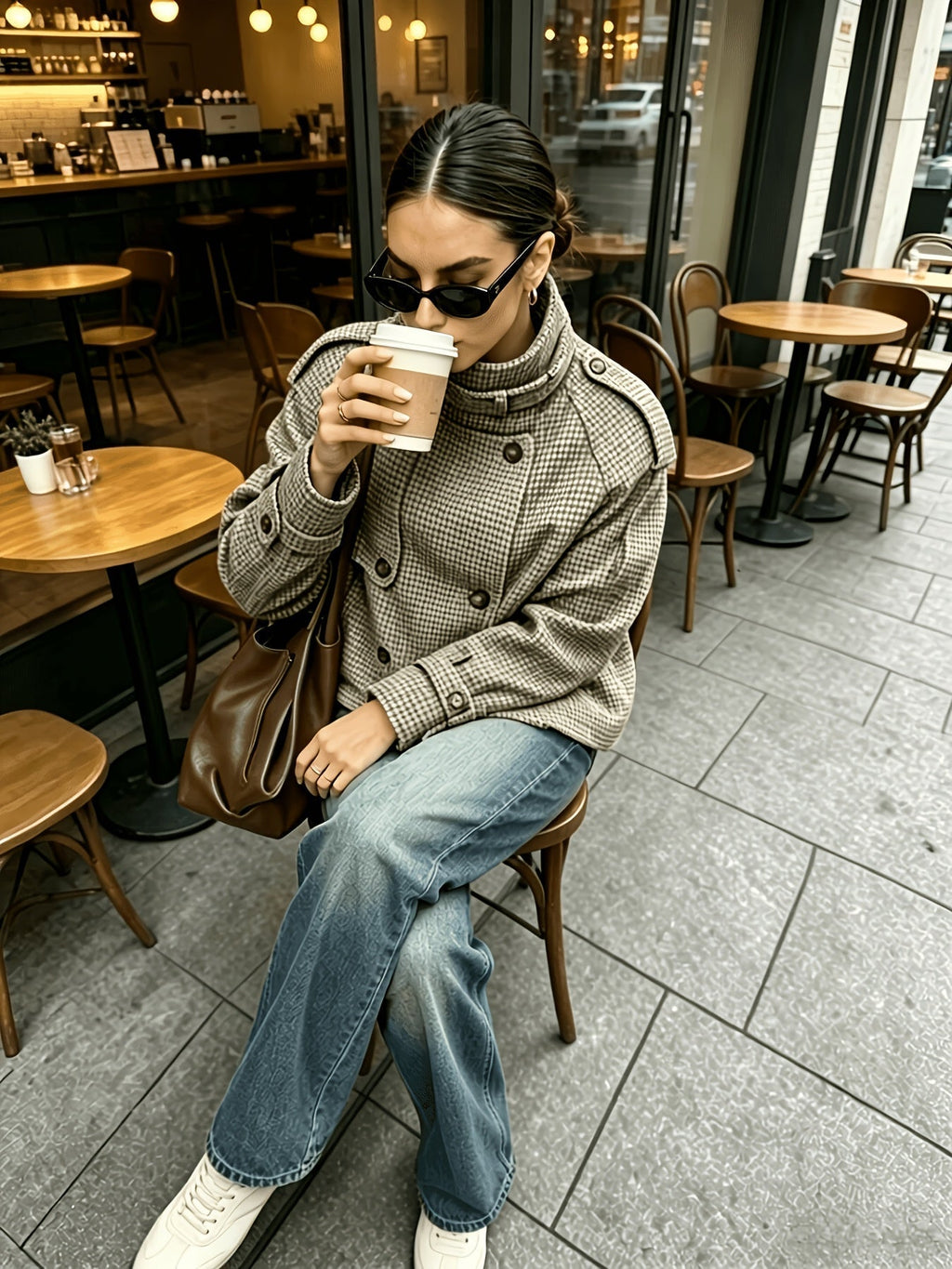 Checked Women's Jacket with High Collar and Relaxed Fit - 6 - Stylewhipped