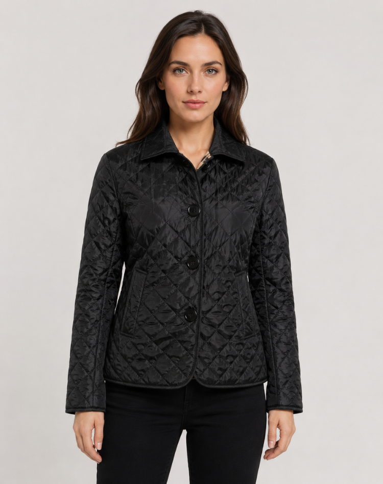 Women's Quilted Jacket with Classic Collar and Button Front - 1 - Stylewhipped