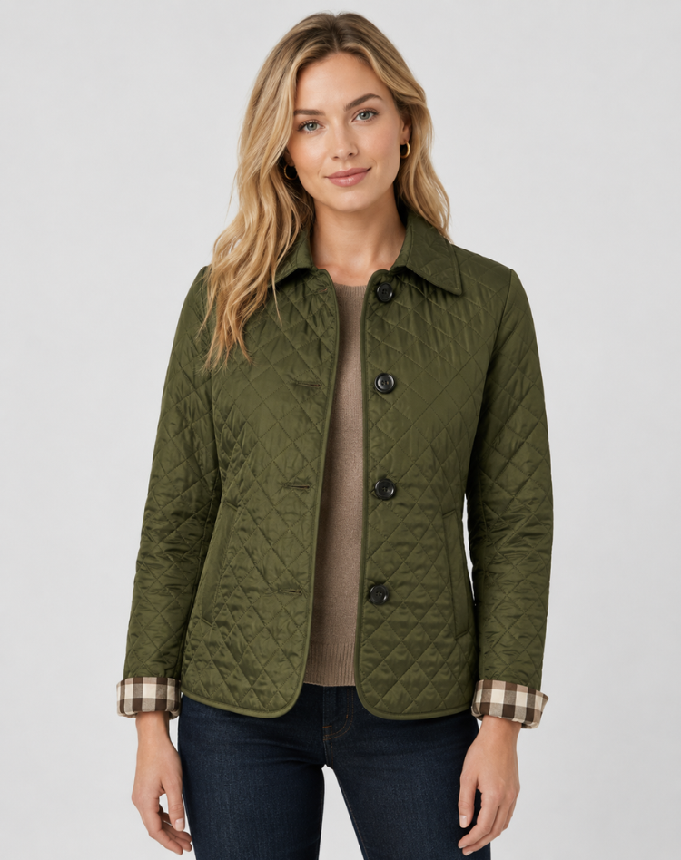 Women's Quilted Jacket with Classic Collar and Button Front - 12 - Stylewhipped