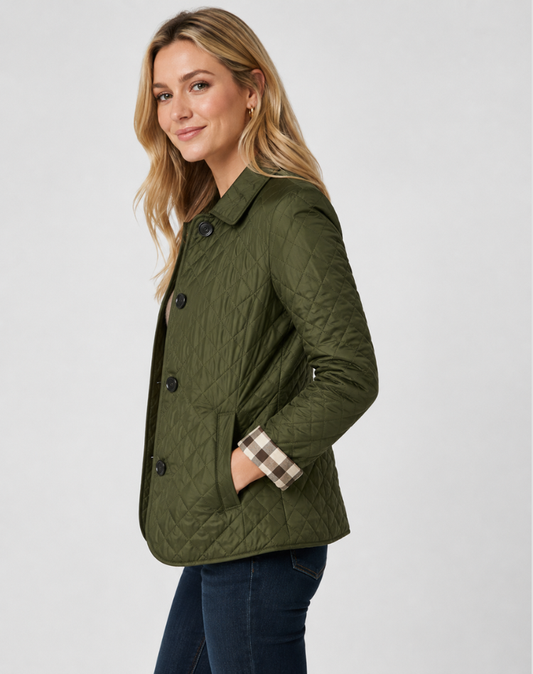 Women's Quilted Jacket with Classic Collar and Button Front - 13 - Stylewhipped