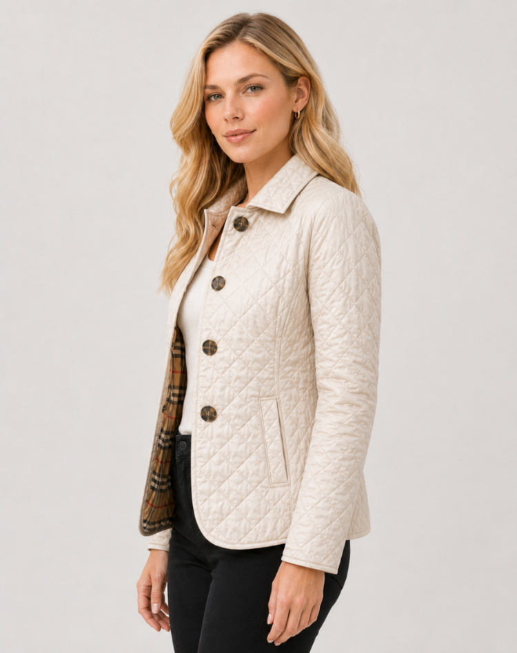 Women's Quilted Jacket with Classic Collar and Button Front - 14 - Stylewhipped