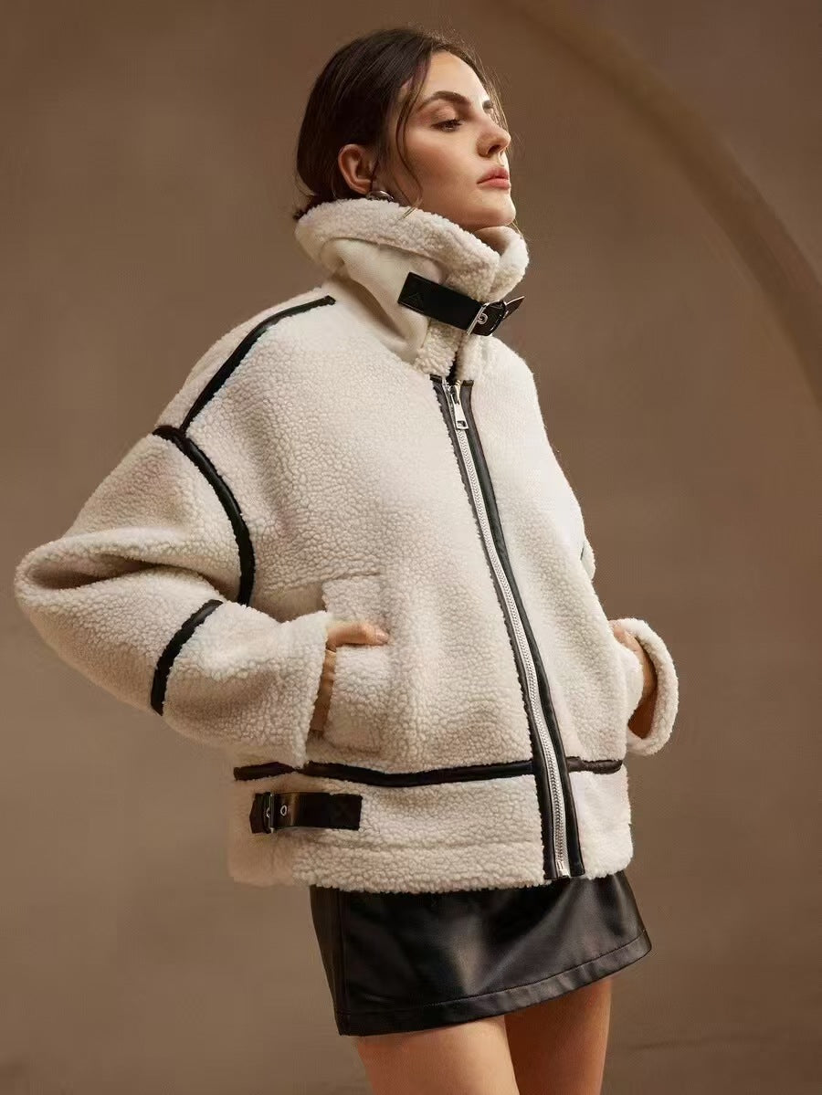 Women's Oversized Jacket with High Collar and Zip Closure - 1 - Stylewhipped