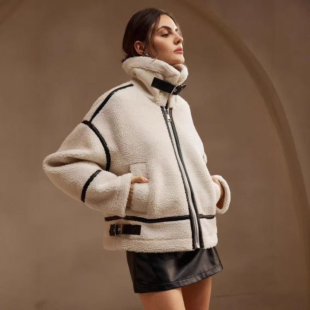 Women's Oversized Jacket with High Collar and Zip Closure - 2 - Stylewhipped