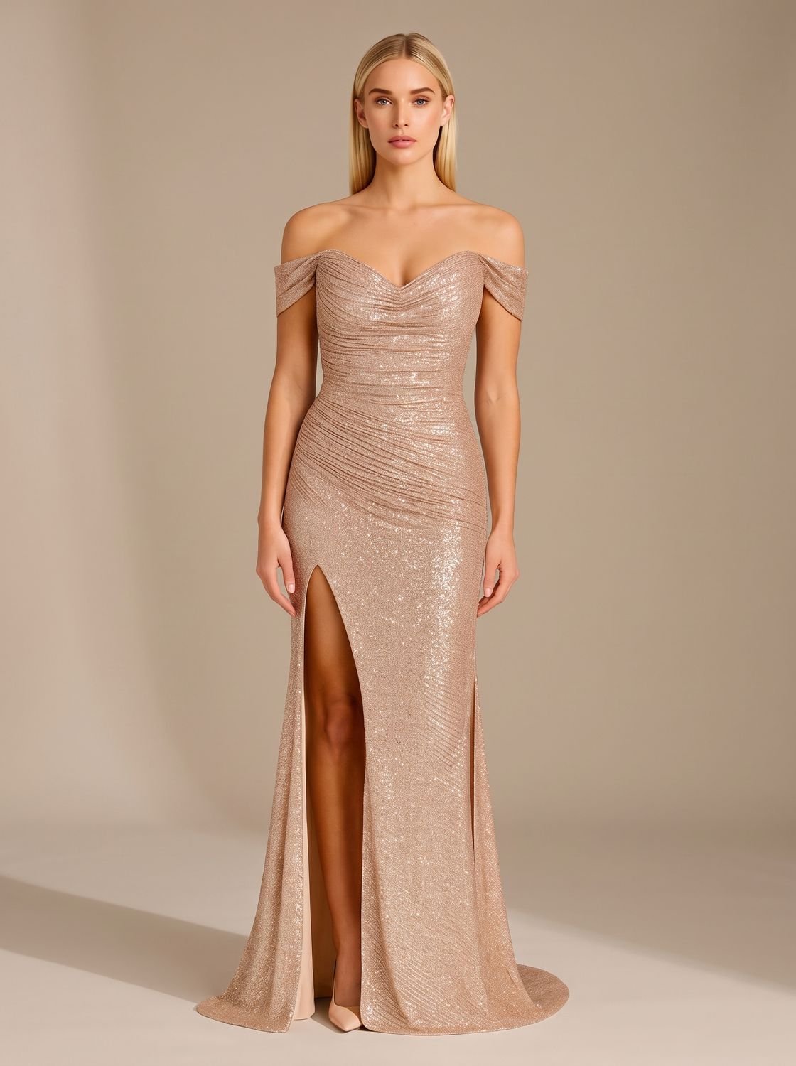 Evening Dress Women Off-Shoulder Fitted Silhouette with High Leg Slit - 1 - Stylewhipped