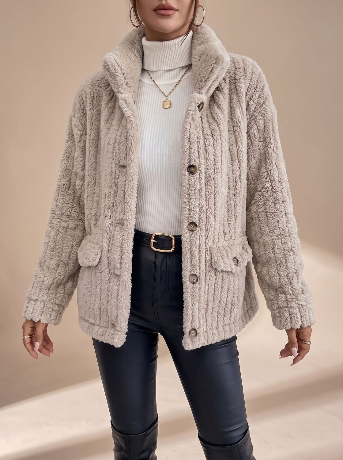 Women's Casual Jacket with Button Front and Pockets - 3 - Stylewhipped
