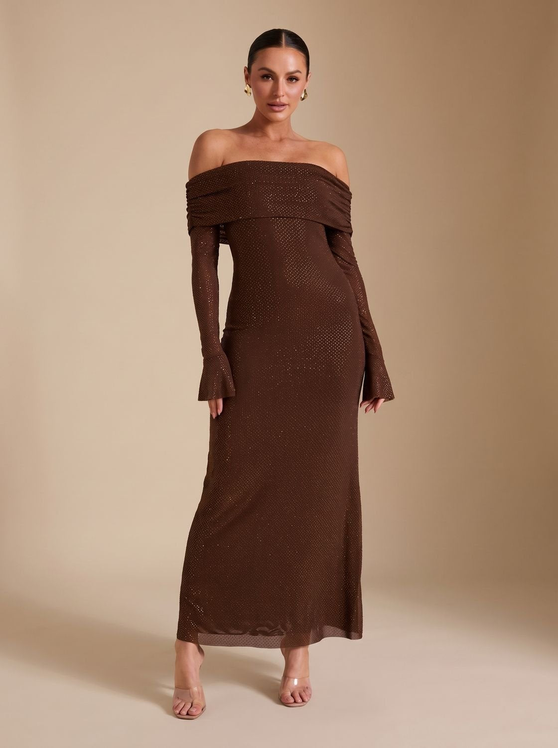 Maxi Dress for Women Off-Shoulder with Long Fitted Sleeves - 1 - Stylewhipped