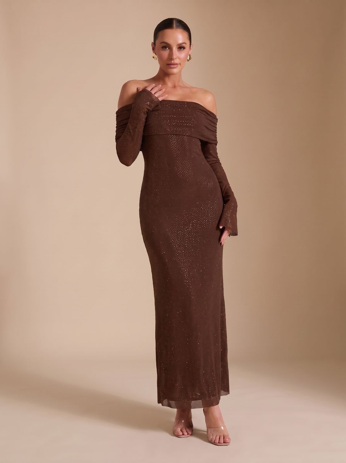 Maxi Dress for Women Off-Shoulder with Long Fitted Sleeves - 2 - Stylewhipped