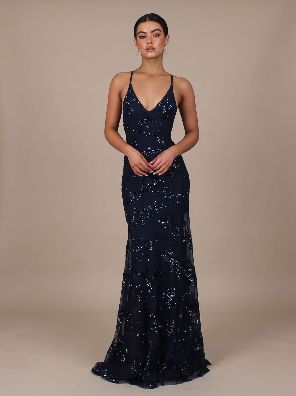 Evening Dress Women's Fitted Silhouette with V-Neckline and Strappy Back - 1 - Stylewhipped