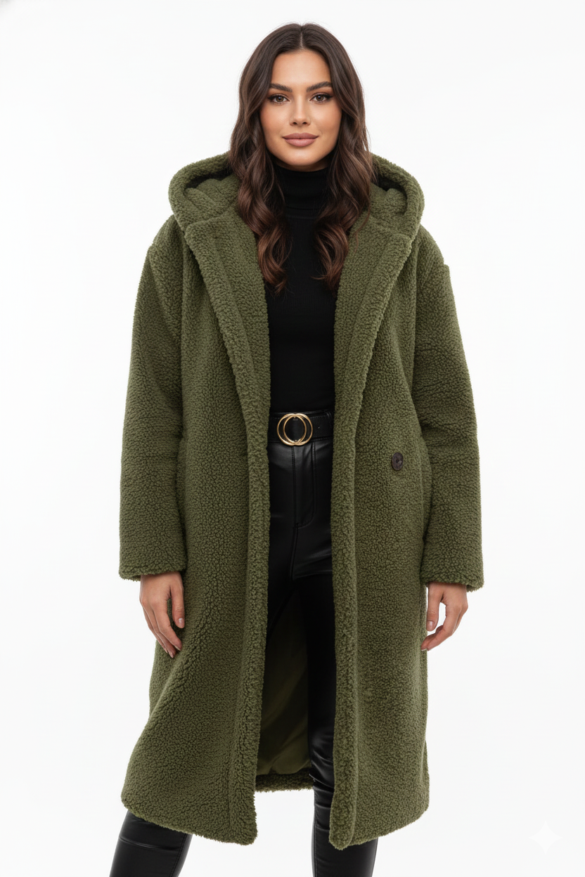 Hooded Women's Oversized Coat in Olive Green with Relaxed Fit - 1 - Stylewhipped