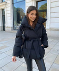 Puffer Jacket Women's Oversized with Belted Waist and Bold Collar - 1 - Stylewhipped