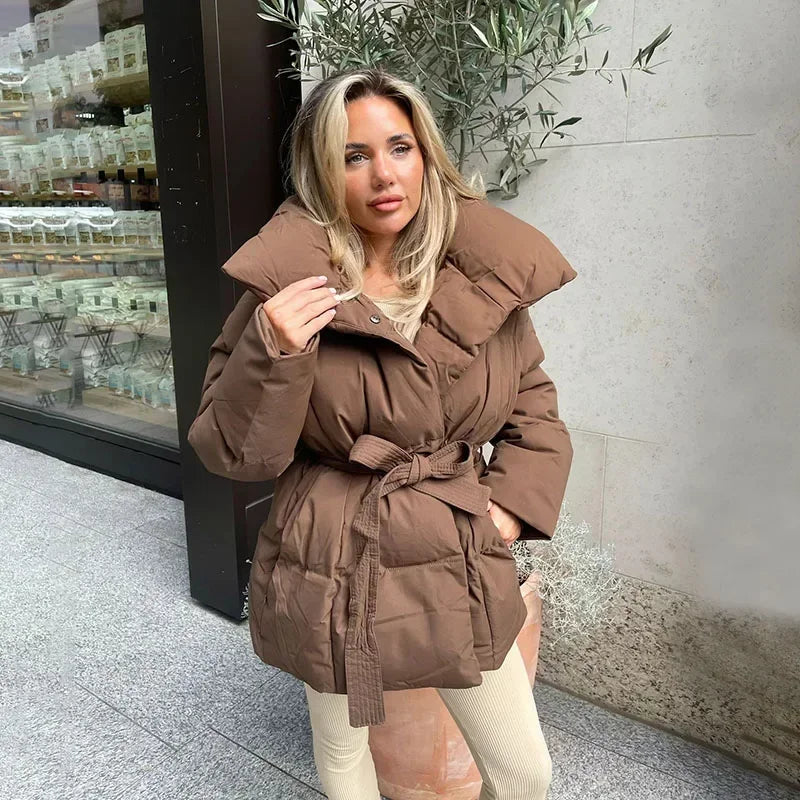 Puffer Jacket Women's Oversized with Belted Waist and Bold Collar - 3 - Stylewhipped