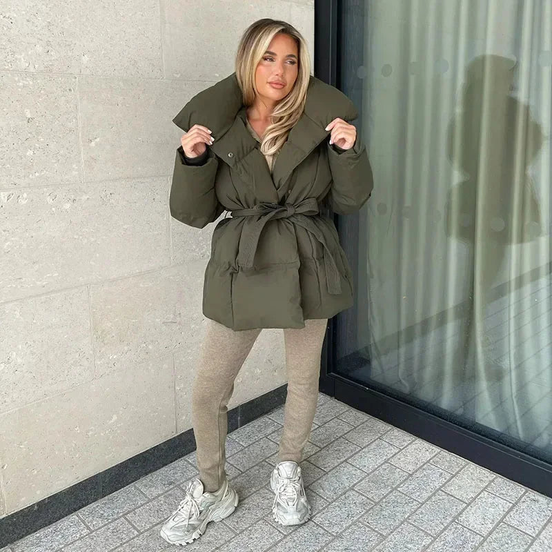 Puffer Jacket Women's Oversized with Belted Waist and Bold Collar - 4 - Stylewhipped