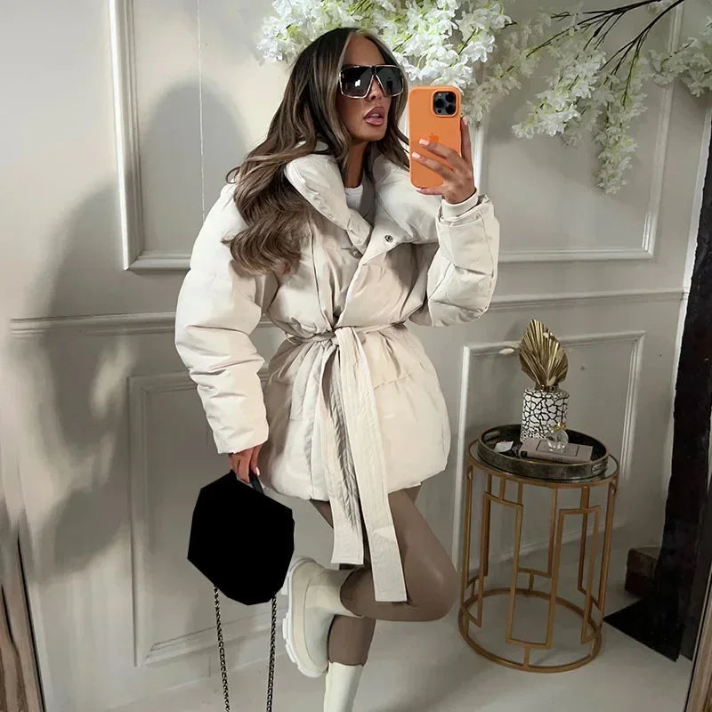 Puffer Jacket Women's Oversized with Belted Waist and Bold Collar - 5 - Stylewhipped