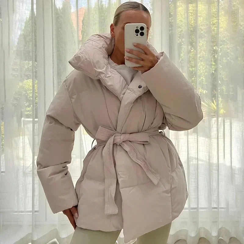 Puffer Jacket Women's Oversized with Belted Waist and Bold Collar - 8 - Stylewhipped