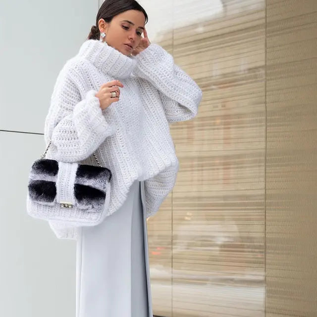 Chunky Knit Pullover Women’s High Neck with Oversized Sleeves - 1 - Stylewhipped