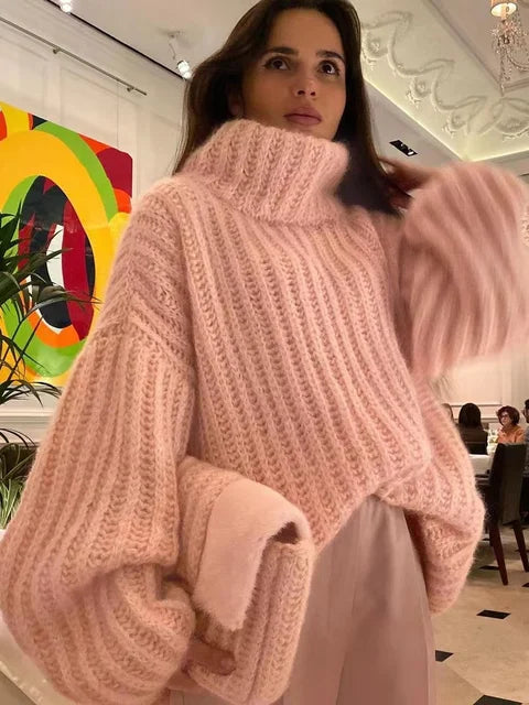 Chunky Knit Pullover Women’s High Neck with Oversized Sleeves - 2 - Stylewhipped