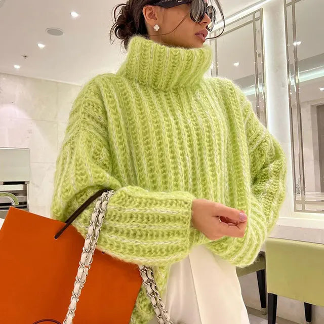 Chunky Knit Pullover Women’s High Neck with Oversized Sleeves - 4 - Stylewhipped