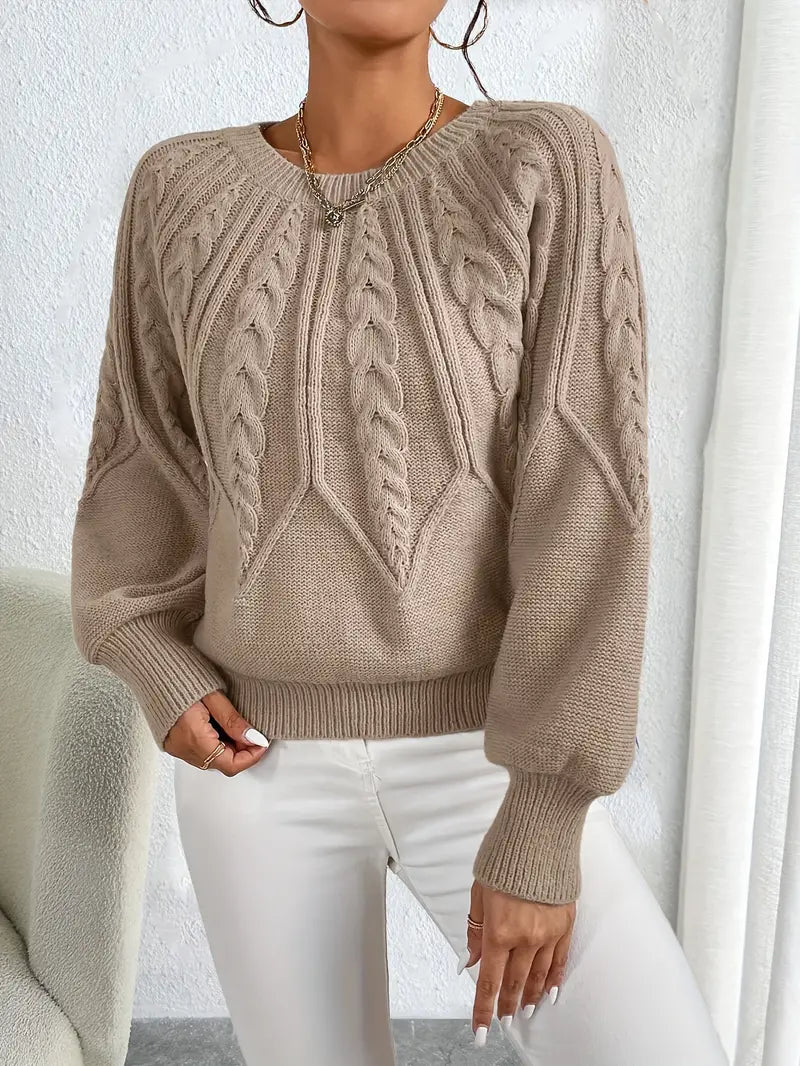 Women's Sweater with Cable Knit Design and Balloon Sleeves - 1 - Stylewhipped