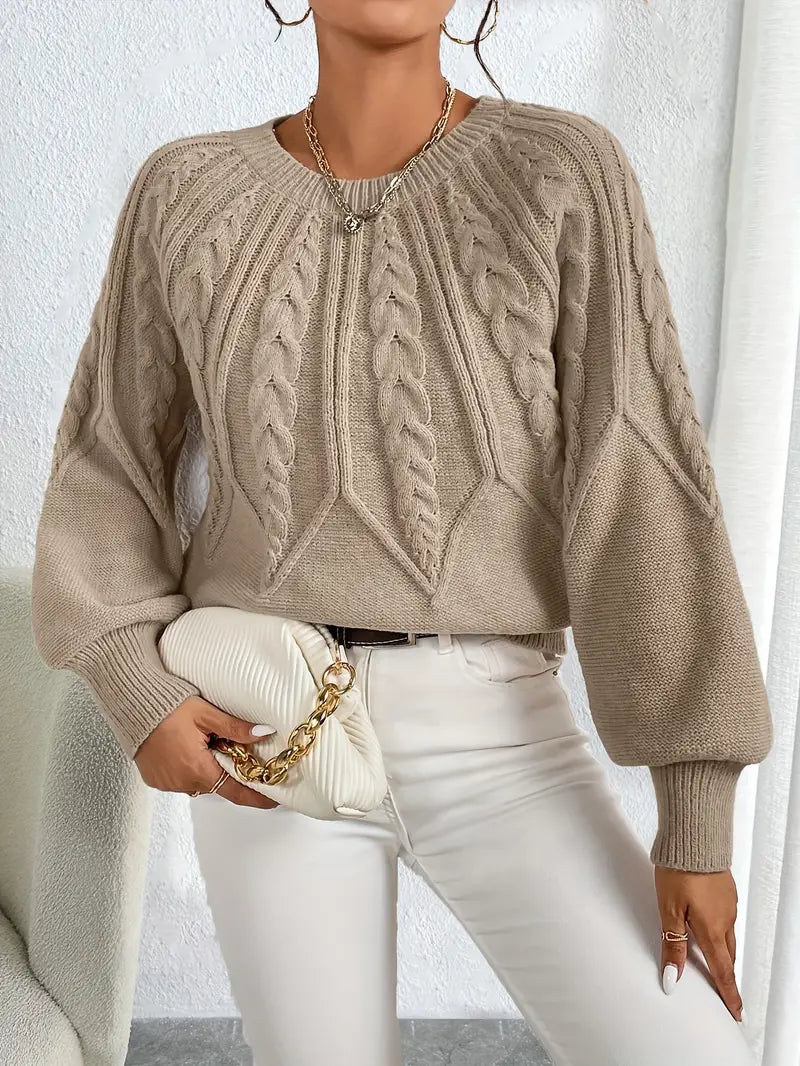 Women's Sweater with Cable Knit Design and Balloon Sleeves - 4 - Stylewhipped