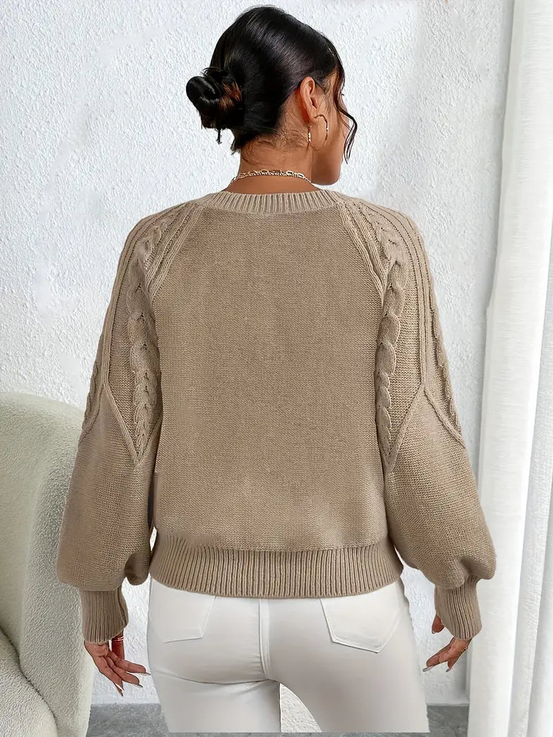 Women's Sweater with Cable Knit Design and Balloon Sleeves - 6 - Stylewhipped