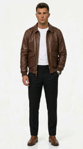 Brown Leather Jacket for Men with Classic Design and Pockets - 1 - Stylewhipped
